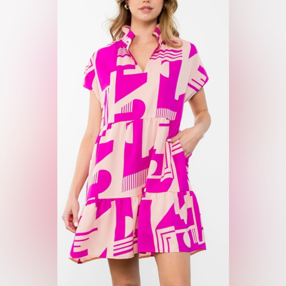 THML Pink Short Sleeve Dress Magenta Frill Vneck Flowy Dress NWT!